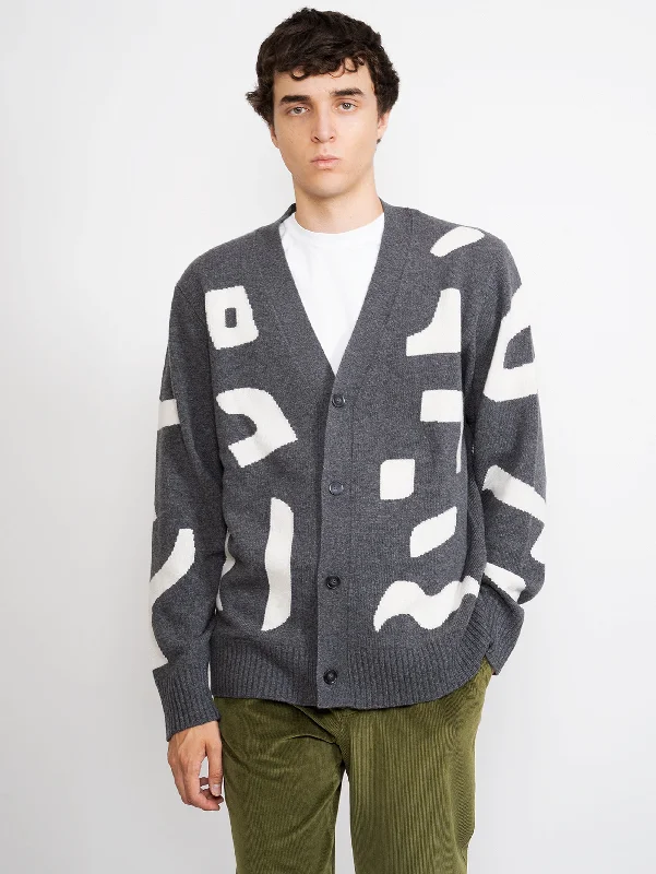Cardigan con Intarsio a Contrasto Grigio Lace Blend Ribbed Blend Corduroy Blend