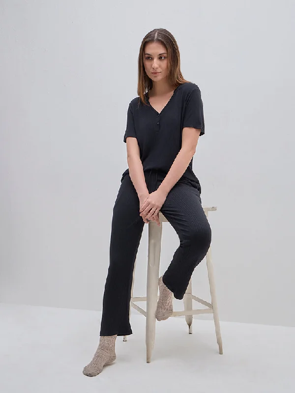 Wunderlove Black Ribbed High-Rise Lounge Pants Chic Slim Fit Pants