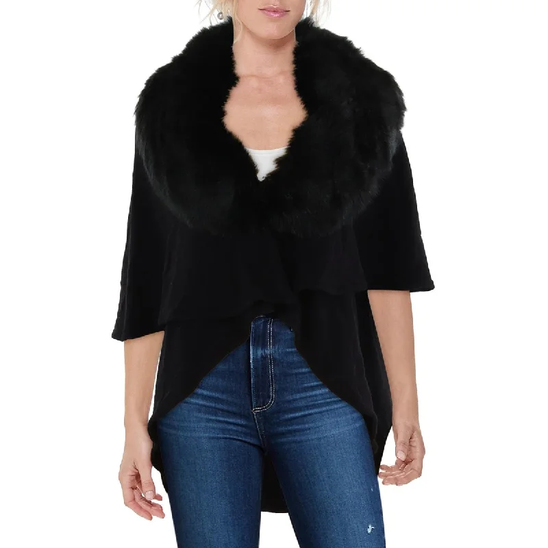 Metric Knits Womens Faux Fur Trim Formal Cardigan Sweater Toggled Drawstring Belted