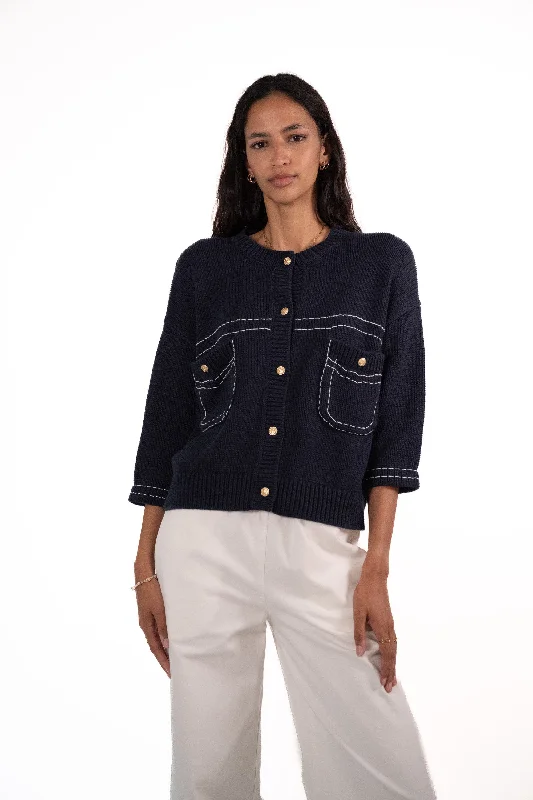 JEFF Navy Cardigan With White Stitching Modern Contemporary chic