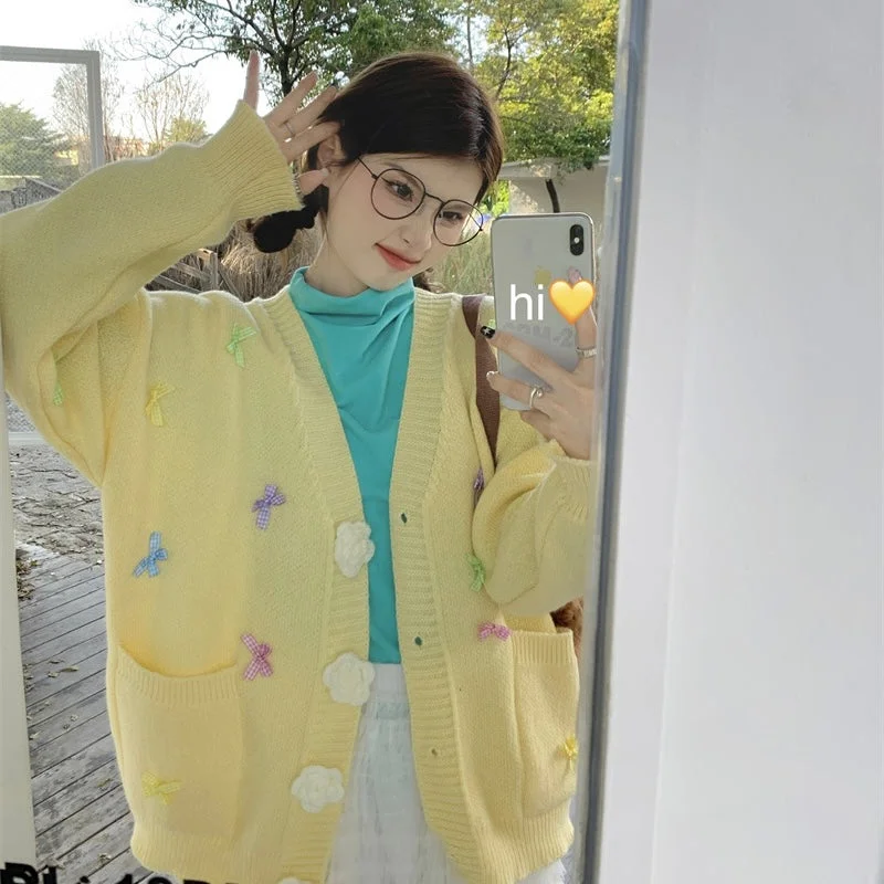 Pastel Flower Cardigan Top Collared Crew Neck Turtle Neck