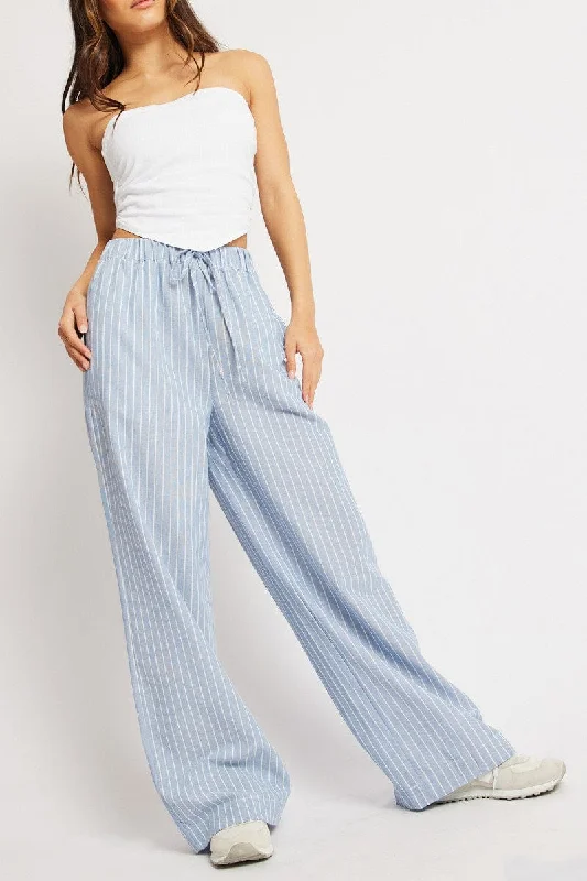 Blue Stripe Wide Leg Pants Mid Rise Elegant Palazzo Trousers