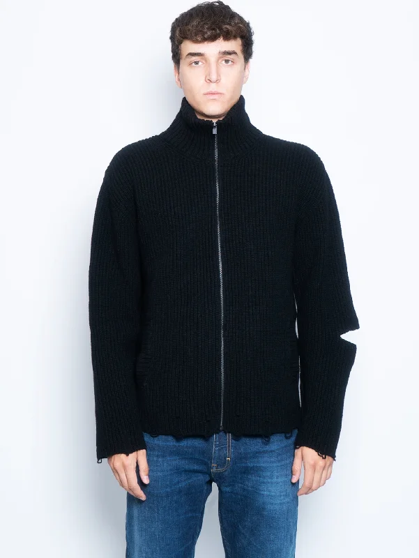 Cardigan Full Zip Destroyed Nero Embroidered Appliqued Beaded