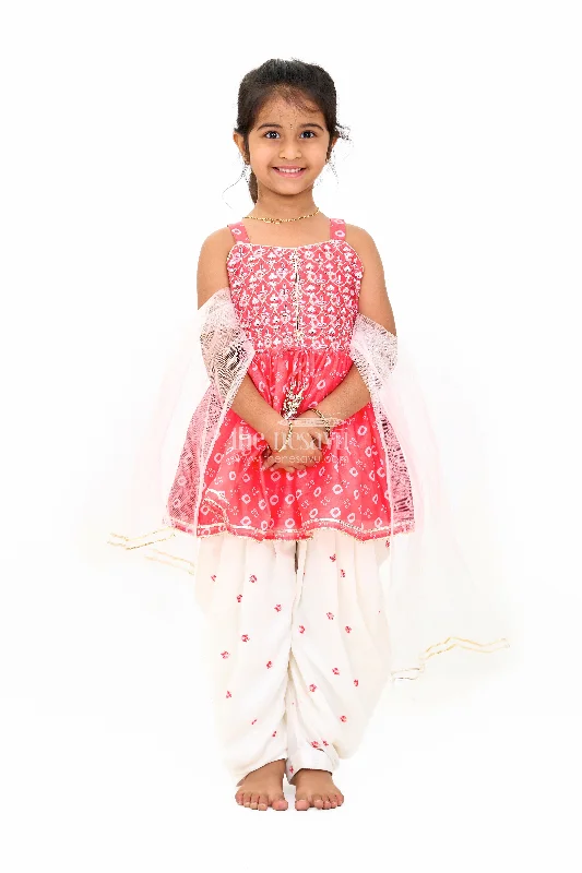 Girls Red Chinon Silk Peplum and Dhoti Pants Set with Geometric Embroidery for Festive Wear Classic Bootcut Trousers