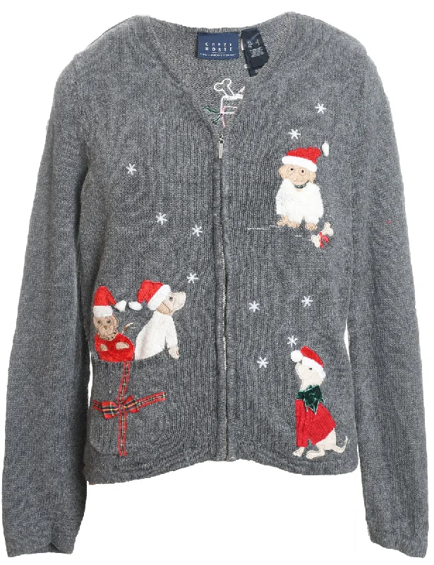 Cute Animal Print Christmas Cardigan - S Herringbone Houndstooth Plaid