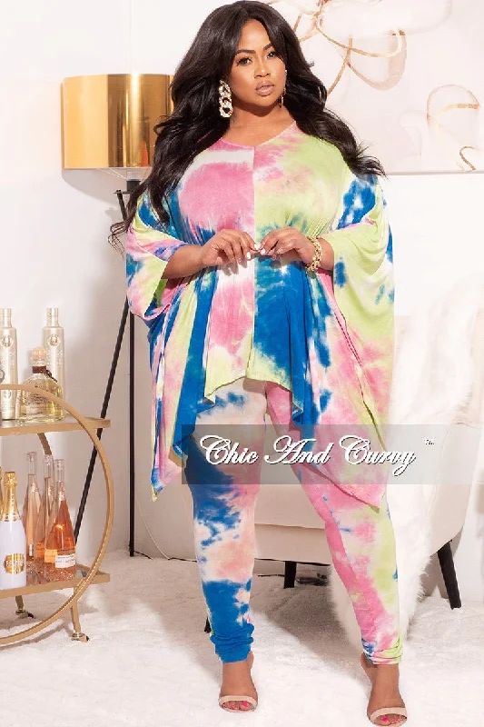 Final Sale Plus Size 2pc Set Top & Pants in Pastel Rainbow Tie Dye Comfy Cargo Trousers