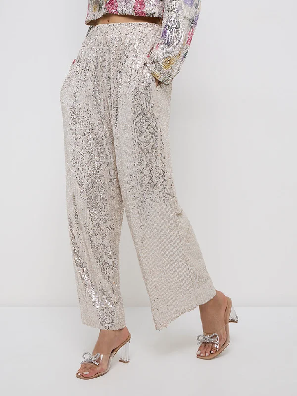 Vark Silver Sequin-Detailed High-Rise Pants Comfortable Fleece Pants