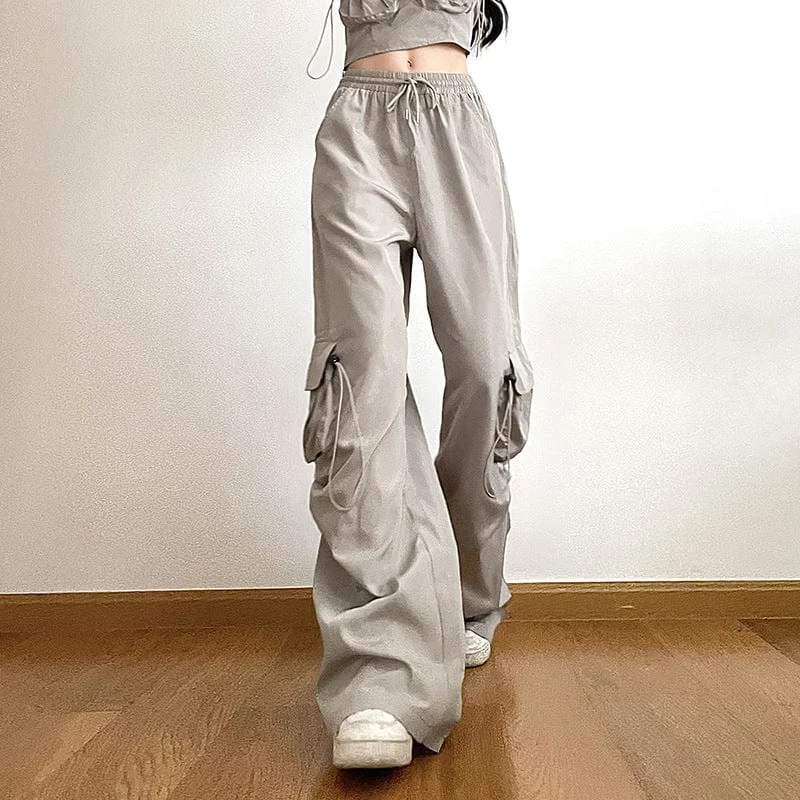 Women's Grunge Big-pocket Drawstring Casual Pants Casual Skinny Fit Pants