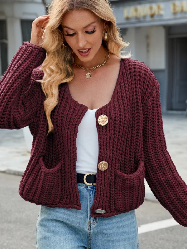 Katie Round Neck Button Up Cardigan with Pockets Ribbed Striped Patterned