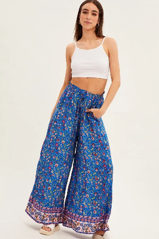 Blue Boho Wide Leg Pants High Rise Slim Fit Casual Pants