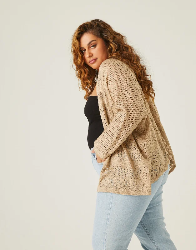Plus Size Lightweight Knit Open Cardigan Real Fur Shearling Chenille