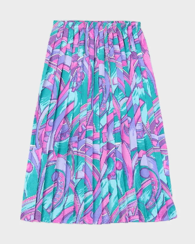 Purple Patterned Pleated Midi Skirt - S low waist skirt
