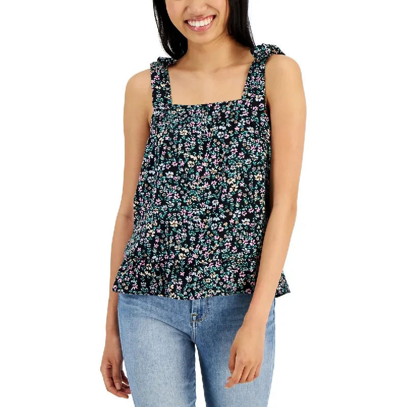 Hippie Rose Womens Juniors Tie Shoulder Smocked Tank Top lace back tank