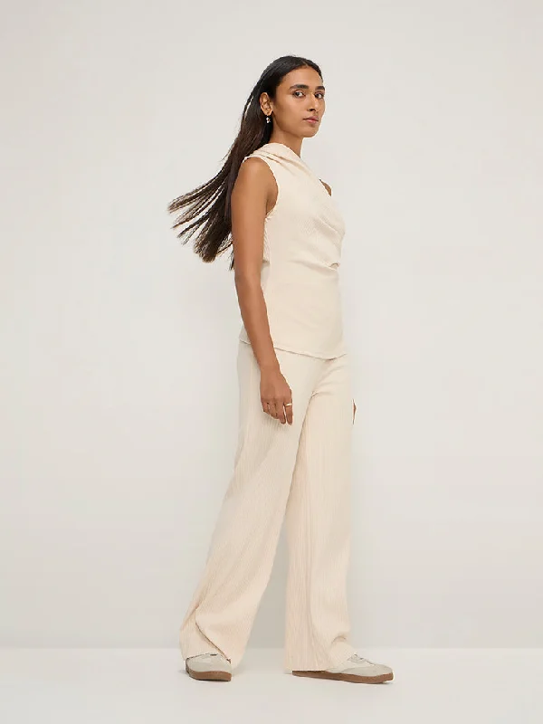 LOV Beige Ribbed-Textured High-Rise Cotton-Blend Pants Comfy High-Waist Jeans