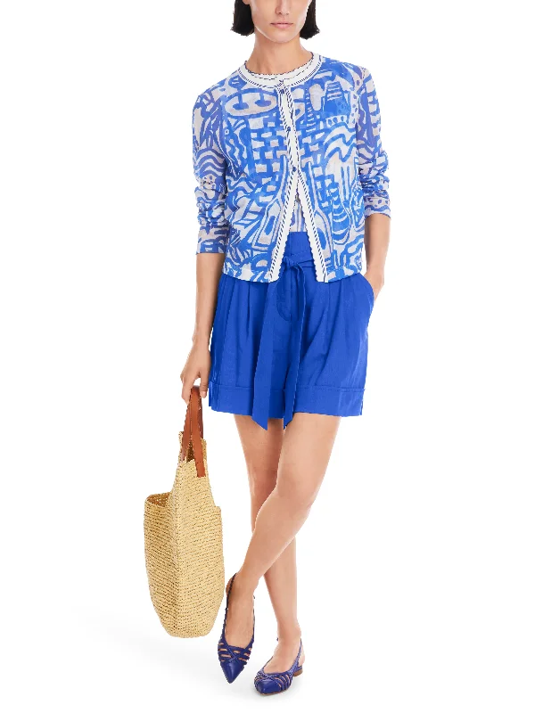 MARC CAIN Blue Pattern Cardigan Silk Blend Satin Velvet