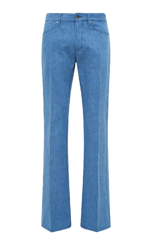 Preston Five Pocket Pant in Light Blue Recycled Cotton Linen Denim Trendy High-Waist Trousers