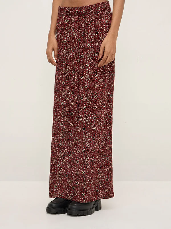Zuba Maroon Floral Printed High-Rise Ethnic Pants Casual Plaid Pants