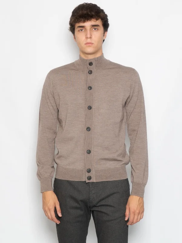 Cardigan con Bottoni in Merinos Greige Glossy Satin Silk