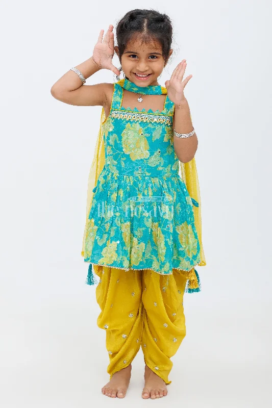 Girls Multicolor Dhoti Set with Floral Peplum Top and Stylish Yellow Dhoti Pants Elegant High-Waist Pants