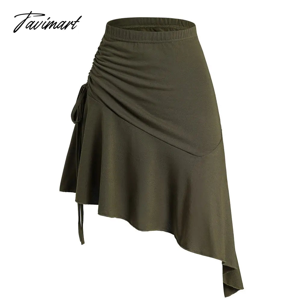 Tavimart Dressfo Plain Color Skirts Cinched Asymmetrical Hem Flounce Elastic Waist Mini Skirt Summer Solid Green Casual Women's Skirt seamless skirt comfort