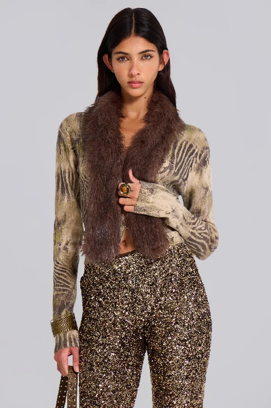 Tana Fur Trim Cardigan Herringbone Houndstooth Plaid