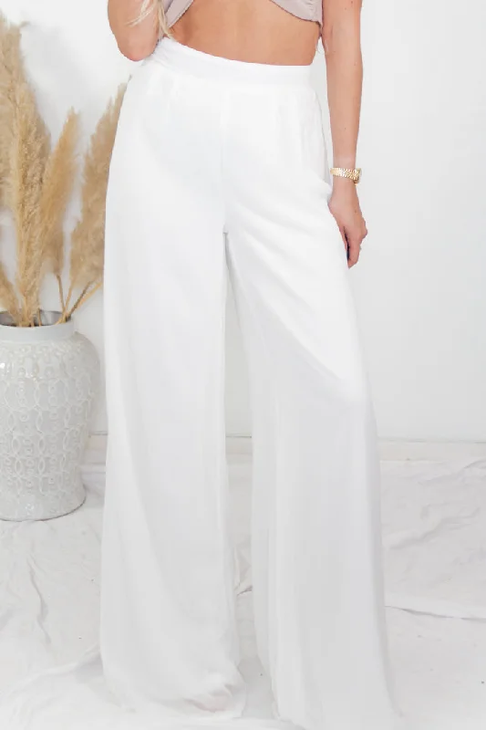 Soft Raya High-Waisted Wide-Leg Pant - White Comfy Zip-Up Pants
