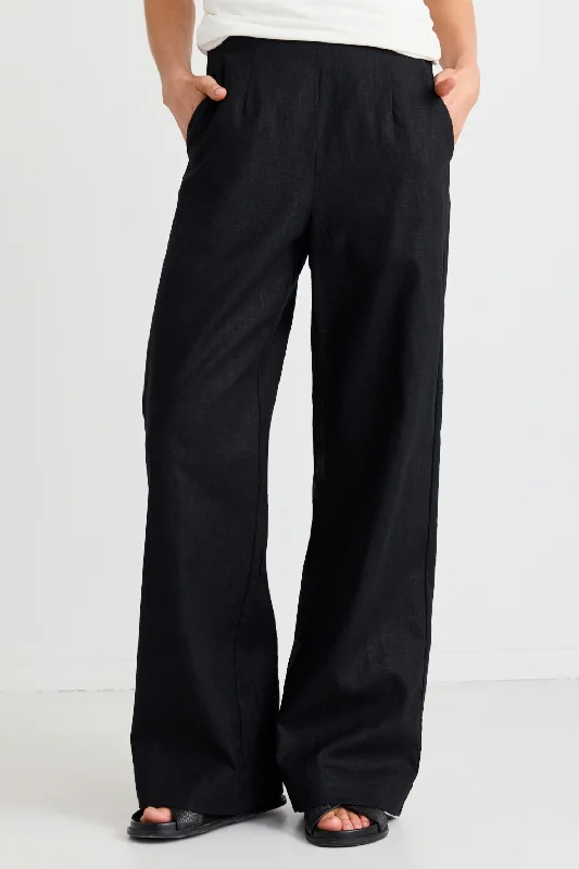 Boardwalk Black Ramie Extended Waist Pants Trendy Wide-Leg Pants