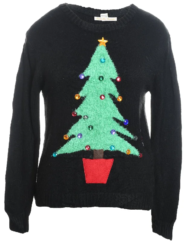 Christmas Tree Print Cardigan - M Elegant Classic Vintage