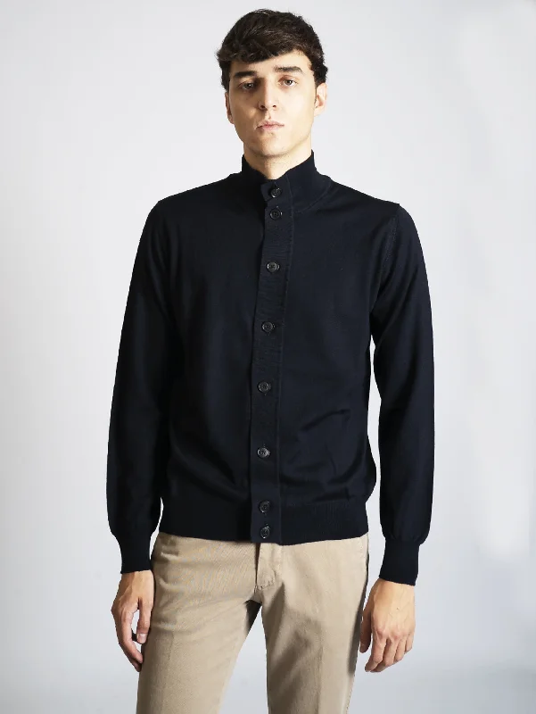 Cardigan Regular Blu Houndstooth Herringbone Solid