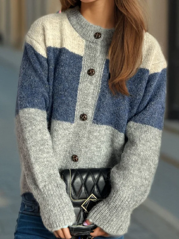 Sophia Color Block Round Neck Button Up Cardigan Zippered Front Buttoned Front Snap Front Sophia Color Block Round Neck Button Up Cardigan Zippered Front Buttoned Front Snap Front