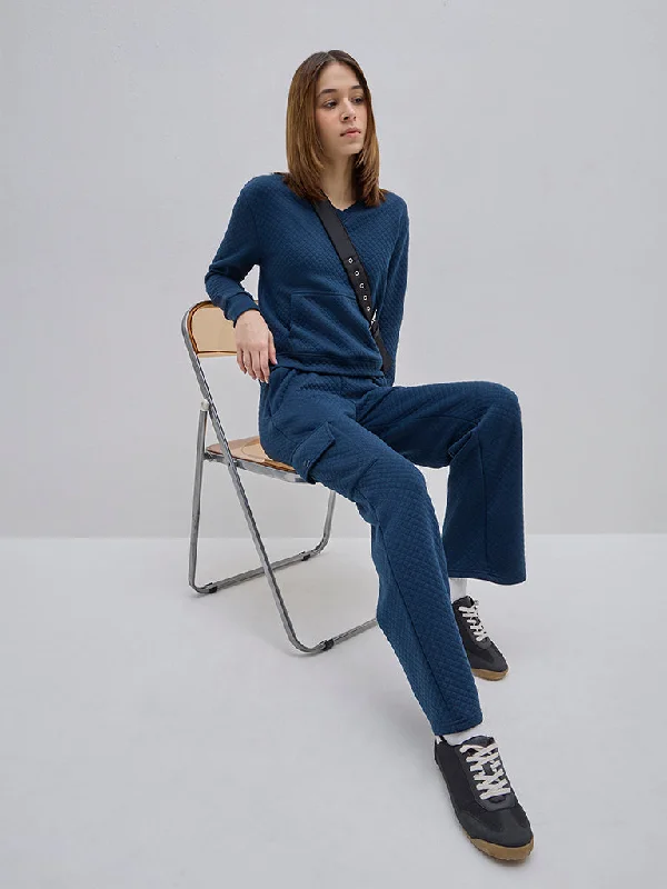 Studiofit Teal Quilted High-Rise Track Pants Relaxed Linen Pants