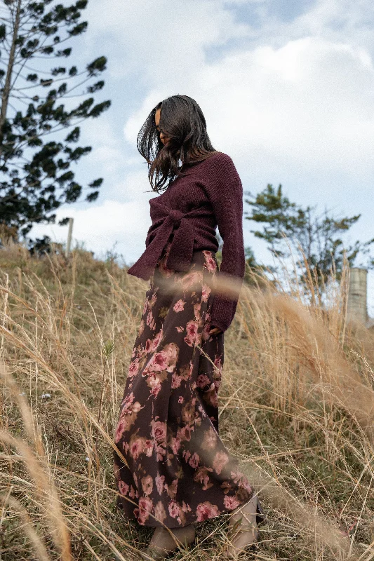 Vivie Midi Skirt - Chocolate Floral velvet skirt plush