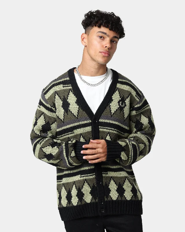 Fred Perry Chunky Jacquard Cardigan Sage Green Stretchy Elastic Breathable