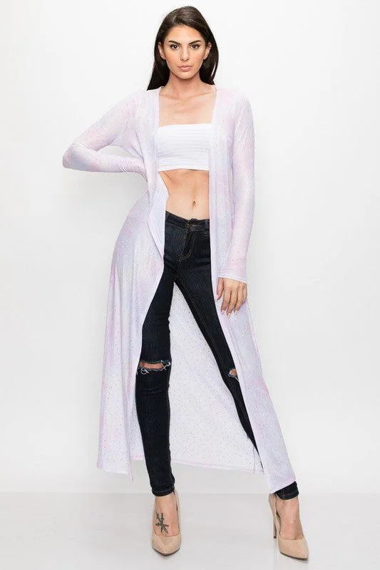 Tie Dye Open Cardigan With Rhinestone Handmade Hand-knitted Hand-woven