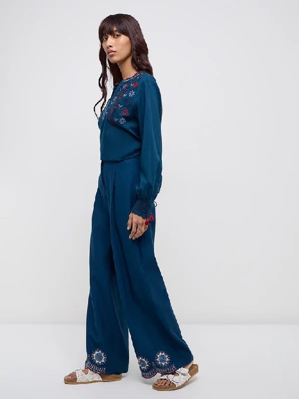 Bombay Paisley Blue Floral High-Rise Cotton-Blend Pants Warm Wool Trousers