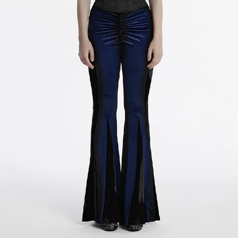 Women's Gothic Contrast Color Drawstring Velvet Flared Pants Blue Casual Sweatpants Style