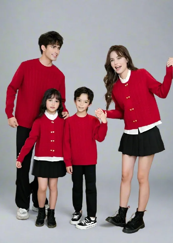 Family Matching Red Cable Knit Cardigans – Elegant Heart-Button Design Denim Fabric Leather Fabric Suede Fabric Family Matching Red Cable Knit Cardigans – Elegant Heart-Button Design Denim Fabric Leather Fabric Suede Fabric