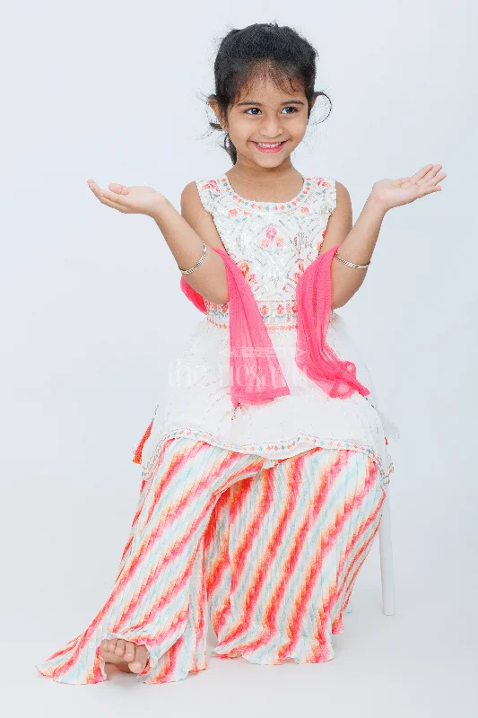 White and Red Girls Sharara Set with Embroidered Peplum Top and Striped Palazzo Pants Comfortable Denim Pants