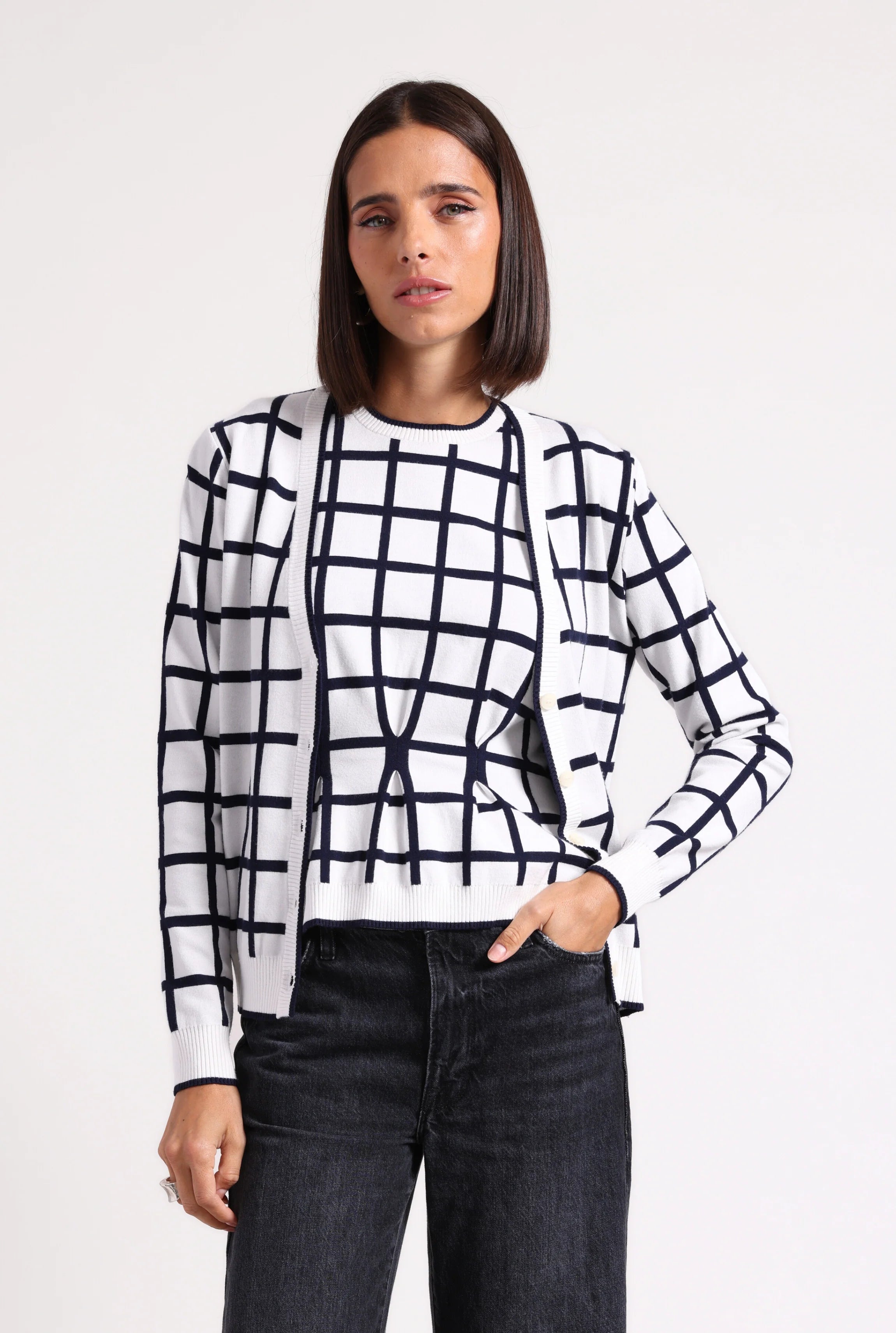 Viscose Windowpane V Neck Cardigan White/Navy - Minnie Rose Collared Crew Neck Turtle Neck