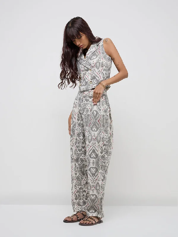 Bombay Paisley Grey Paisley Printed High-Rise Cotton Pants High-Waist Jeans