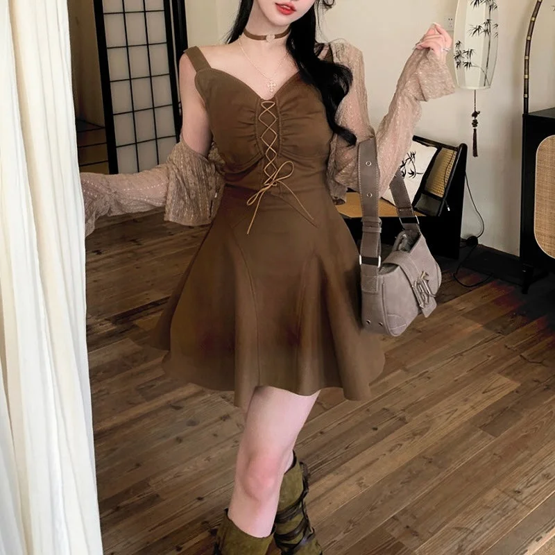 Chocolate Dress + Lace Cardigan Set (S ~ XL) Lace Blend Ribbed Blend Corduroy Blend