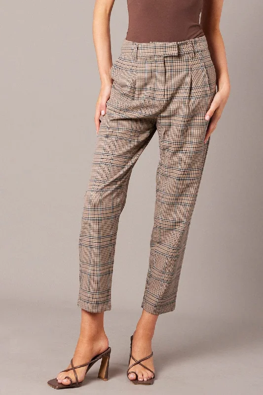 Blue Check Tapered Pants High Rise Comfortable Cargo Pants