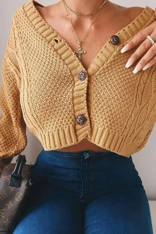 CROPPED RIBBED CUFFS V NECK CARDIGAN Mesh Cardigan Canvas Denim