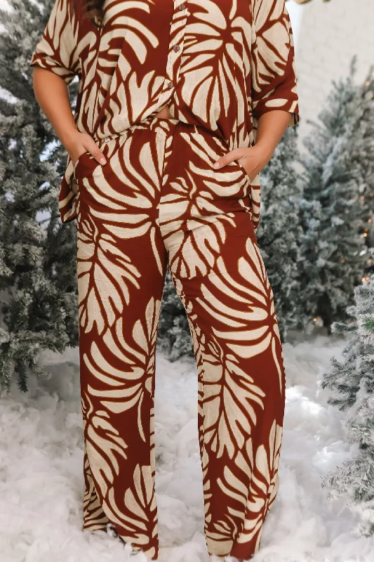 Hele Palazzo Pants | Holiday Monstera Maroon (KALA MAI) Fashionable Work Pants