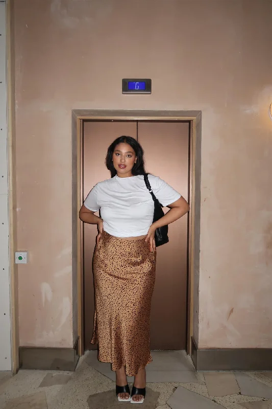 Tan-Black Spot Bias-Cut Midi Skirt silk skirt smooth