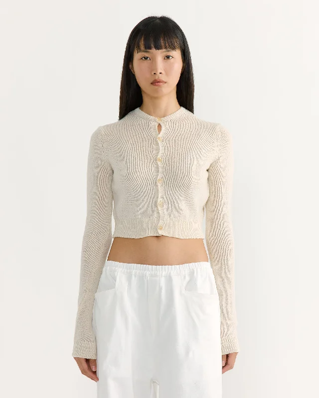 Summer Cashmere Crew Neck Cardigan in Ivory White Stylish Fashionable Trendy