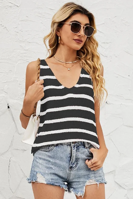 WOMEN STRIPE PATTERN DEEP U NECK SLEEVELESS TANK spandex blend tank