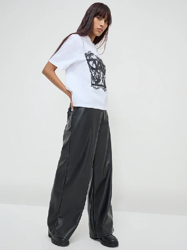 Nuon Black Faux-Leather High-Rise Pants Modern Bootcut Pants