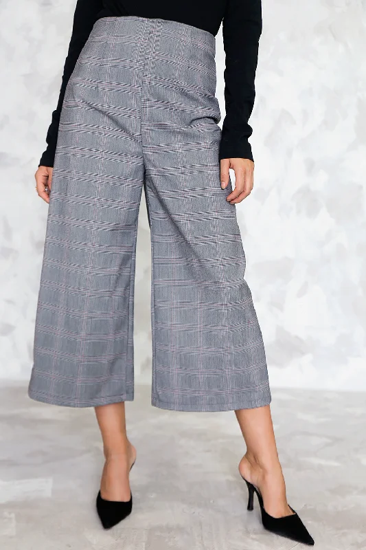 High Waisted Plaid Dress Culotte Pant Trendy High-Waist Trousers