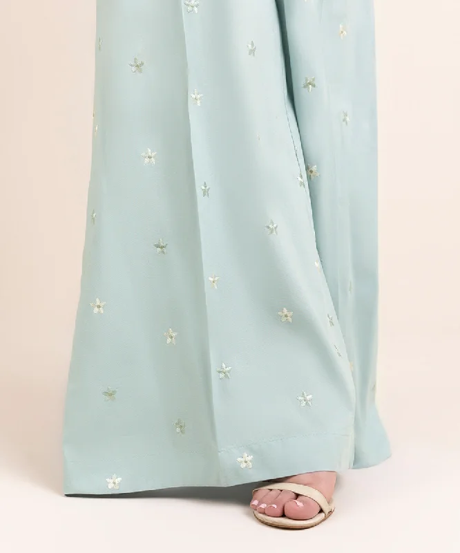 Embroidered Cotton Viscose Flared Pants Lightweight Linen Pants
